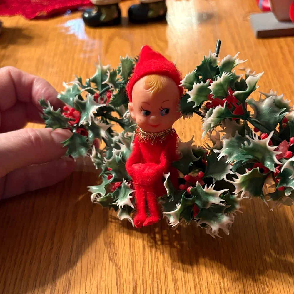 Charming Vintage Pixie On Greenery Red Elf Holiday Wreath